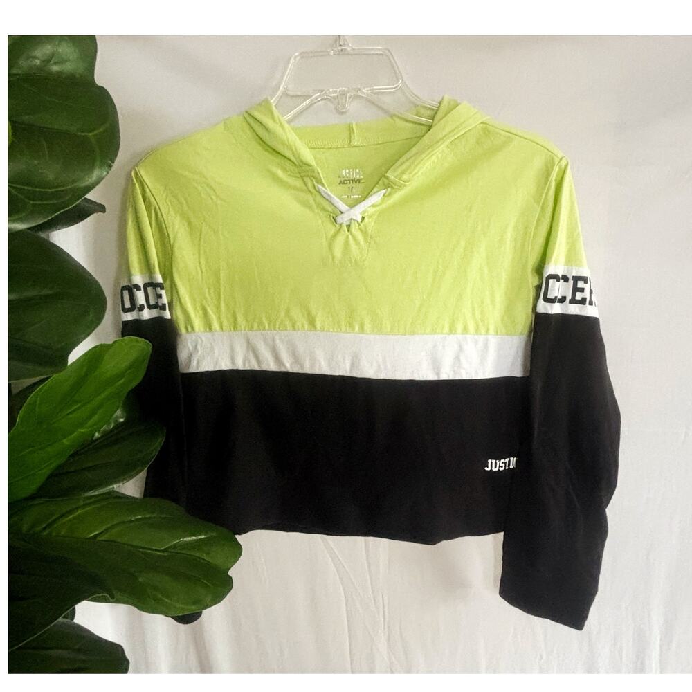 Justice Active Green/Black Soccer Hooded T-Shirt Girls Size 10